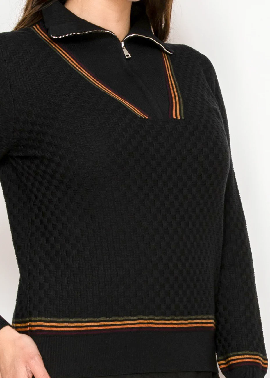 Black Half-Zip Sweater with Striped Trim | Modest Women Clothing