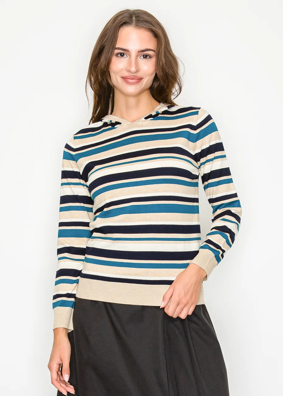 Imidol Women's Hollow Out Striped Hoodie - Color Block Knitted Pullover Top