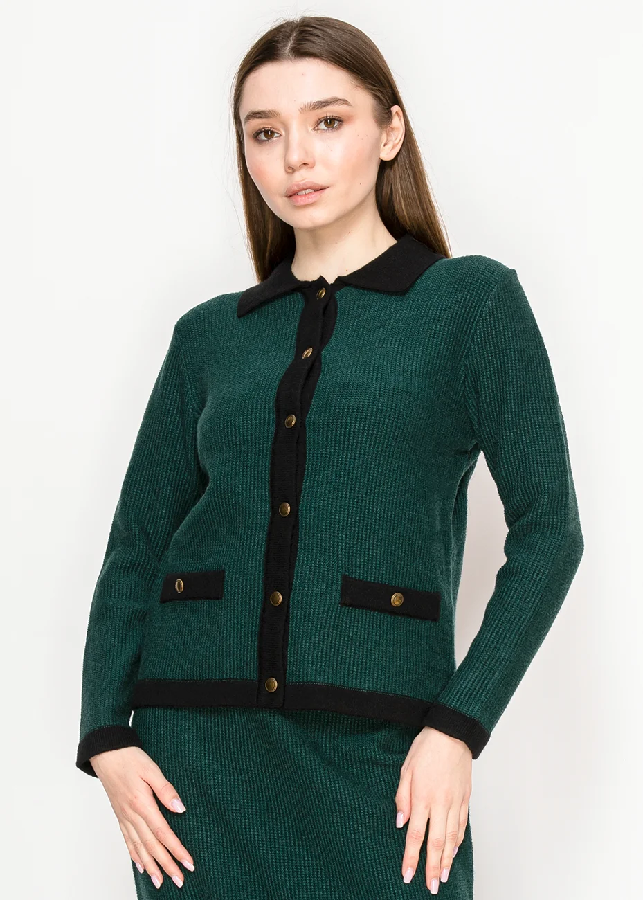 Forest Green Contrast Trim Cardigan | Modest Women Clothing - YAL