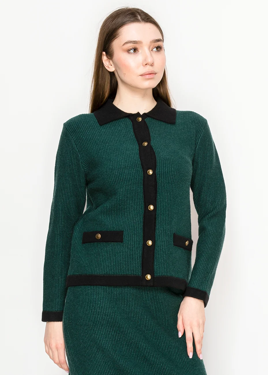 Forest Green Contrast Trim Cardigan | Modest Women Clothing - YAL
