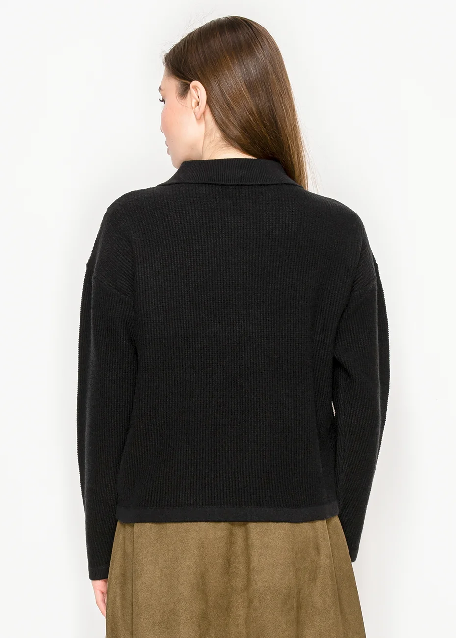 Black Knit Polo Sweater with Button Placket | Modest Women