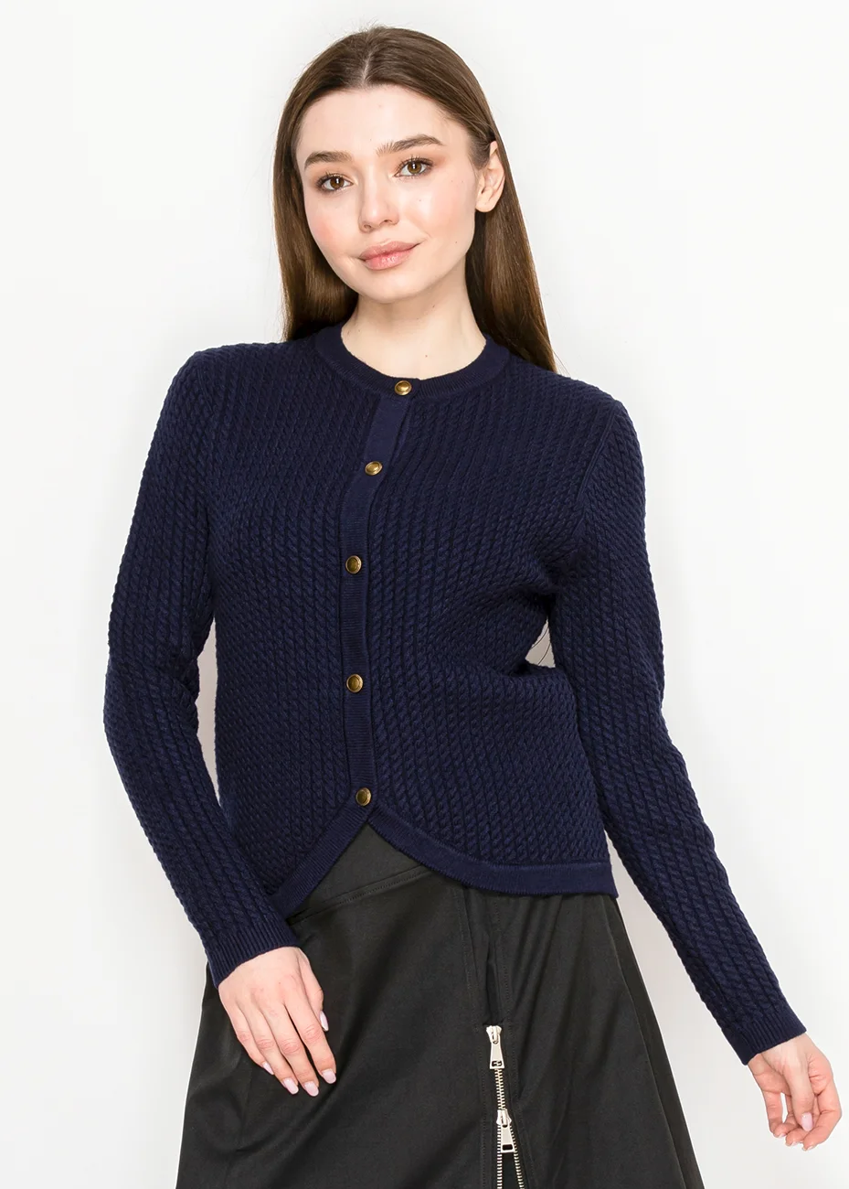 Navy Textured Knit Cardigan with Gold Buttons | Modest Women