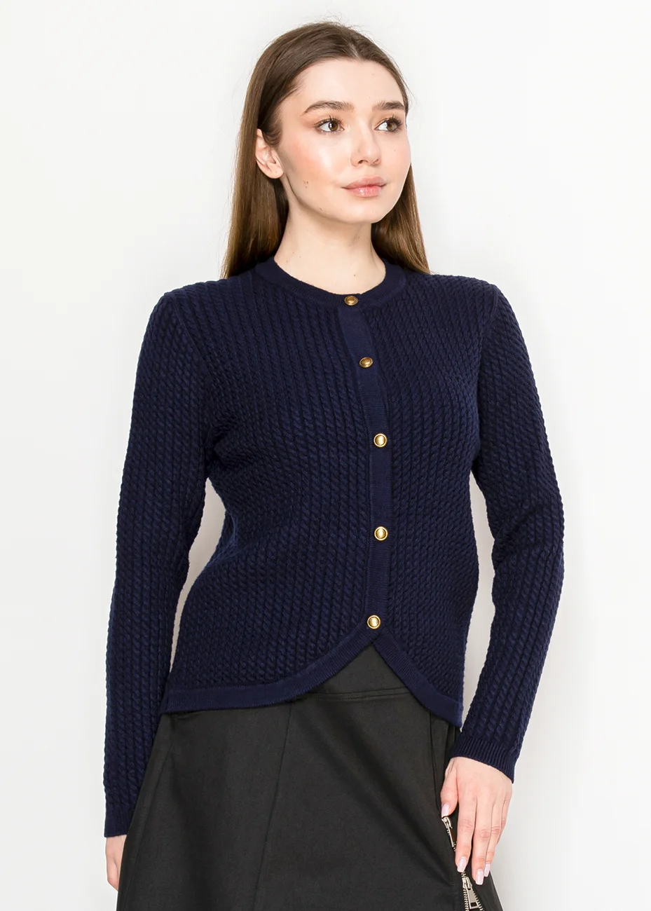 Navy Textured Knit Cardigan with Gold Buttons | Modest Women