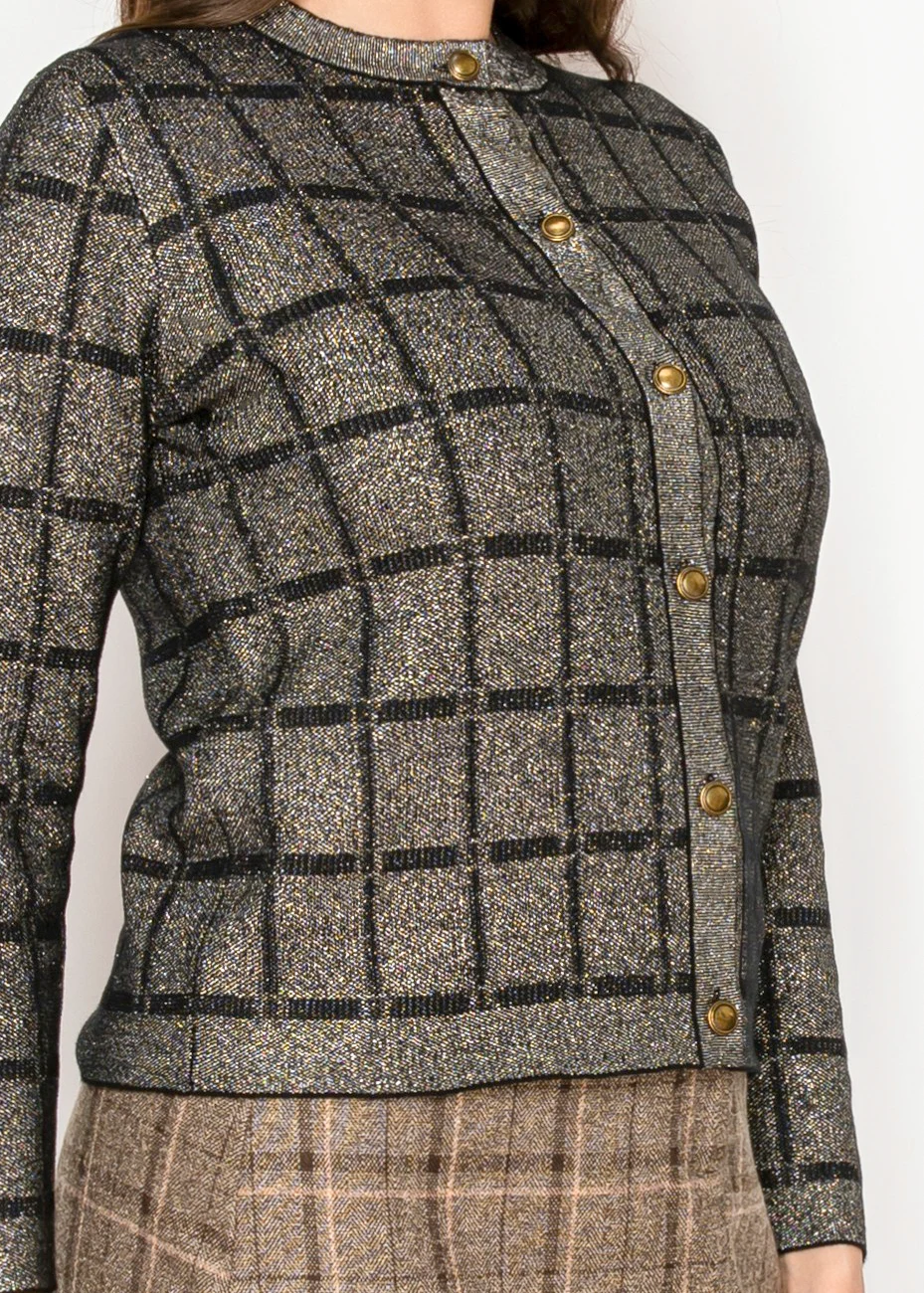 Lurex Grid Metallic Knit Cardigan in Gold | Modest Women Clothing