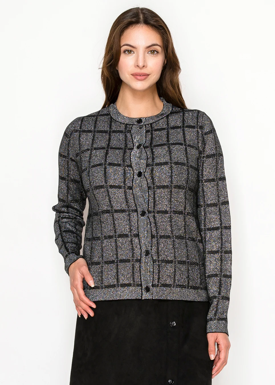 Lurex Grid Metallic Knit Cardigan in Silver | Modest Women