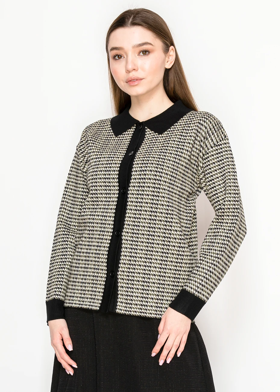 Black Collar Houndstooth Knit Cardigan | Modest Women Clothing