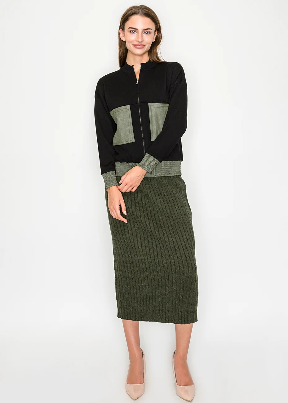 Black and Olive Colorblock Knit Cardigan | Modest Women Clothing
