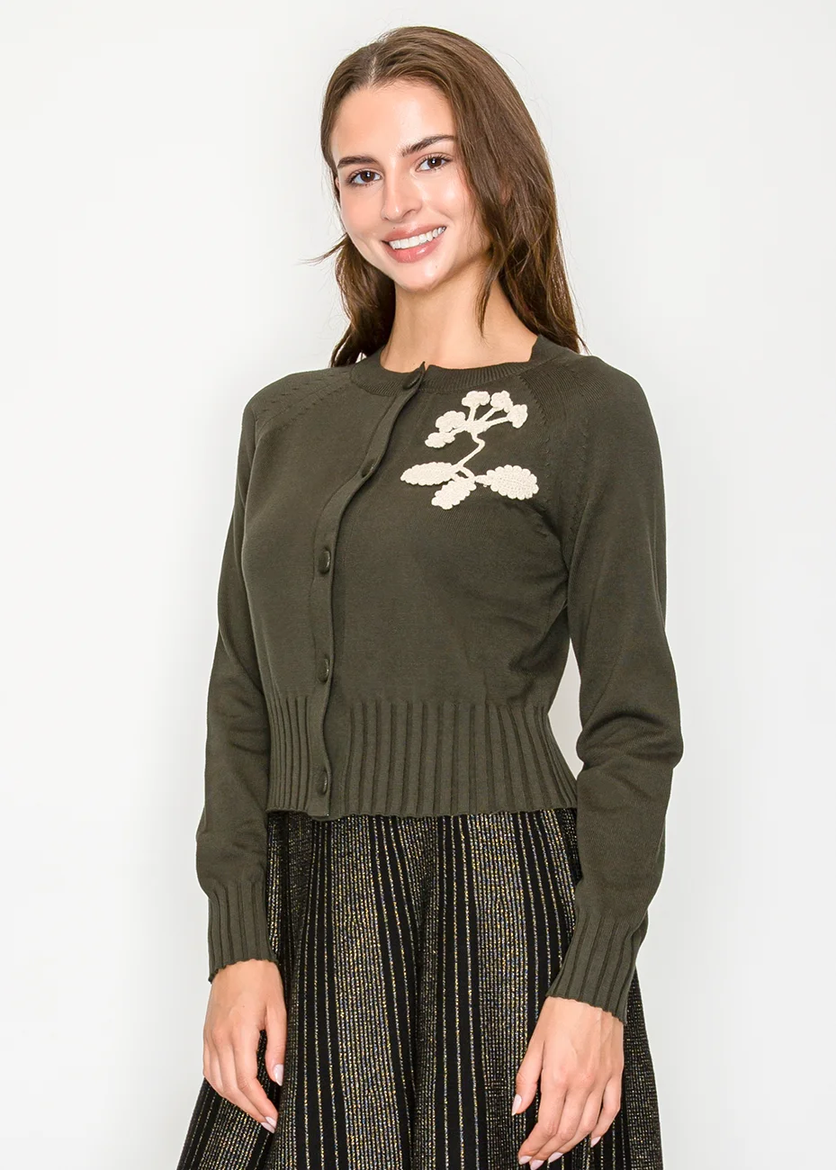 Olive Cardigan with Embroidered Leaf Detail | Modest Women
