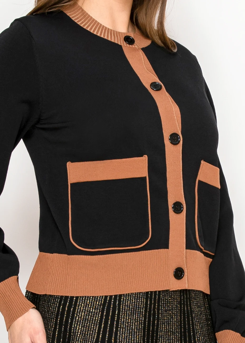 Black Knit Cardigan with Camel Details | Modest Women Clothing