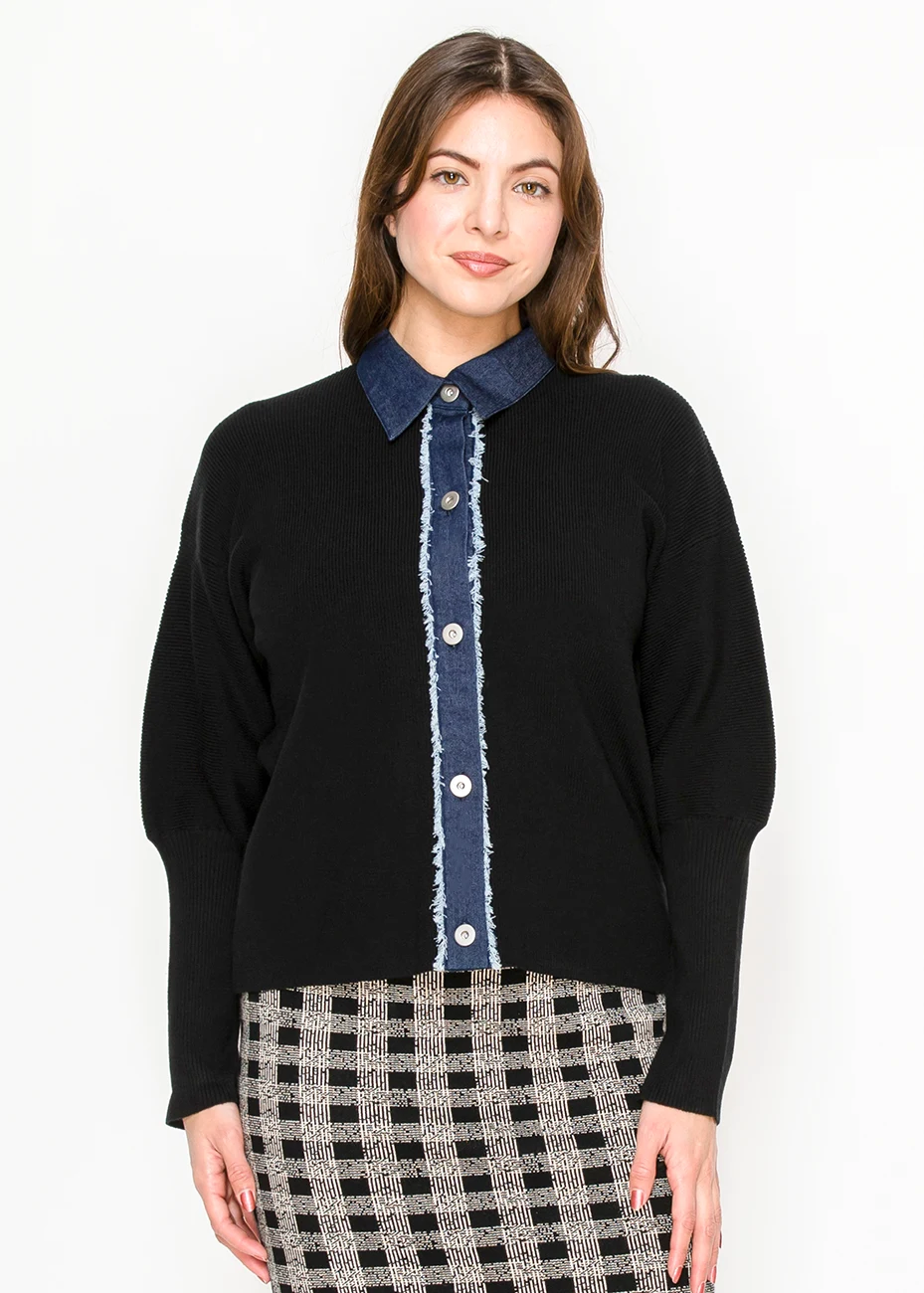 Black Cardigan with Denim Button Placket | Modest Women Clothing