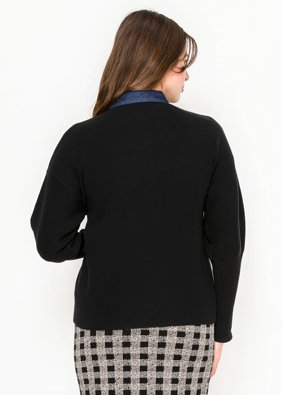 Black Cardigan with Denim Button Placket | Modest Women Clothing