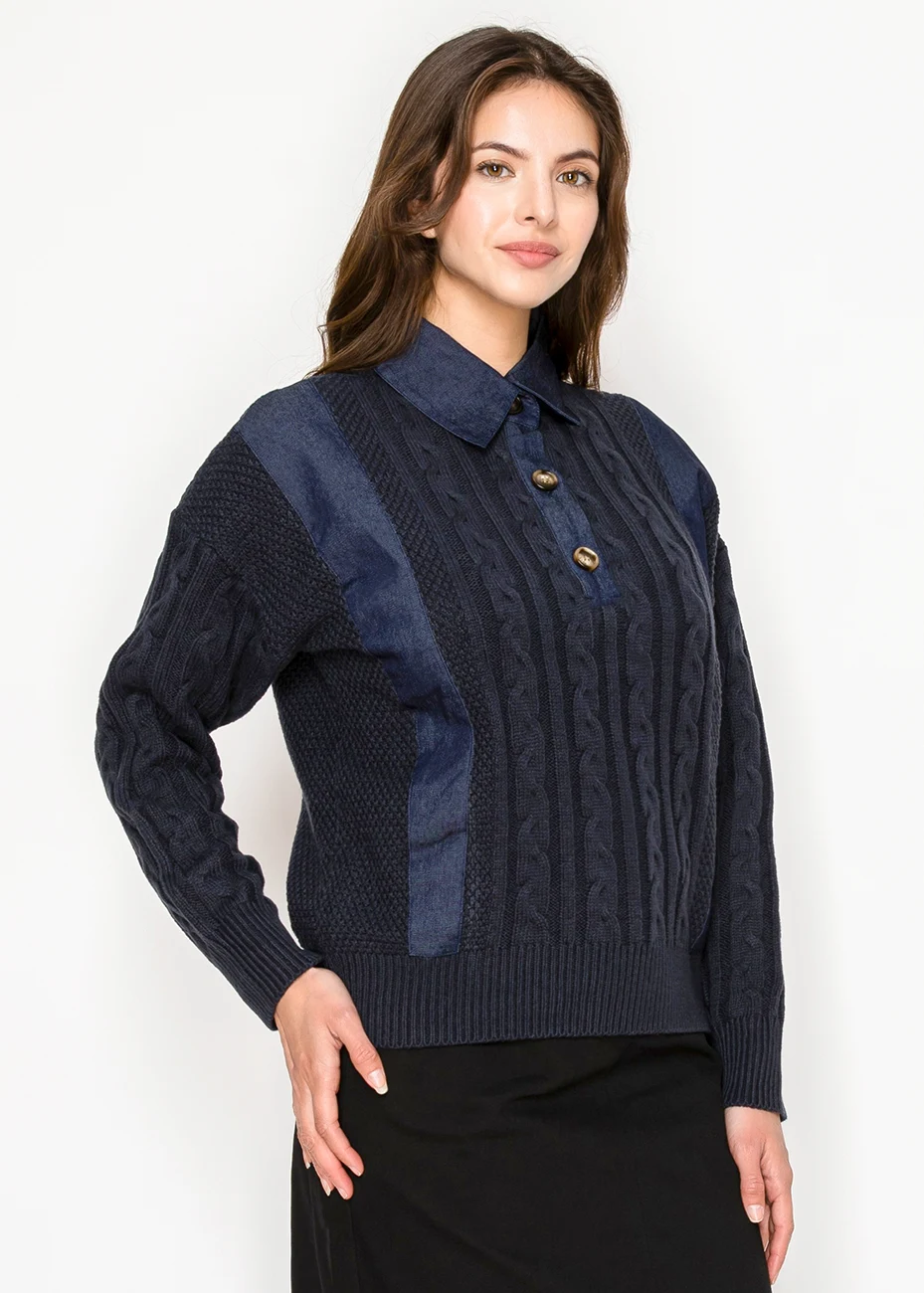 Cable Knit Sweater with Denim Collar – Navy | Modest Women