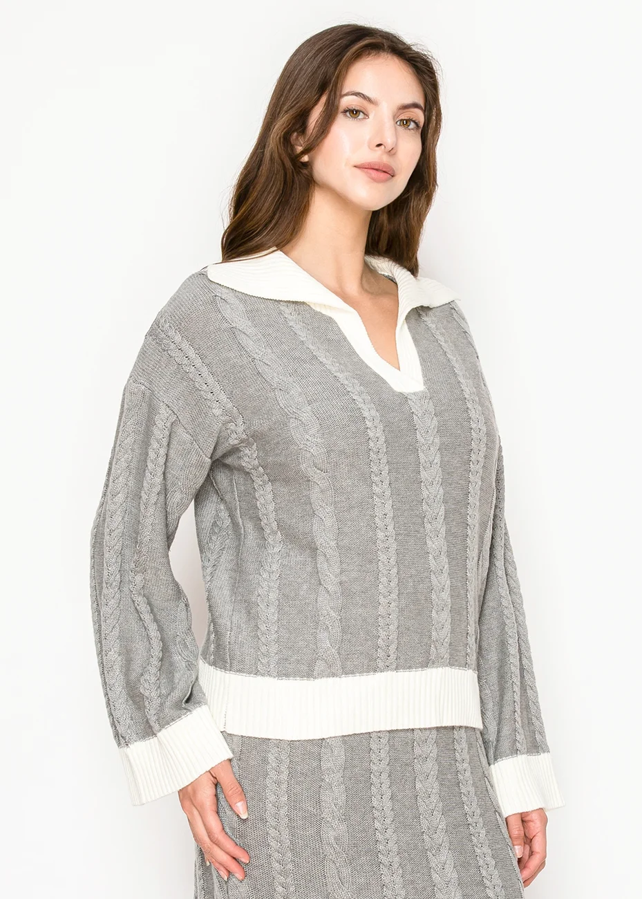 Contrast Trim Cable Sweater in Light Grey | Modest Women Clothing