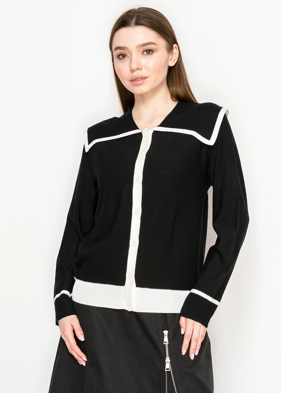 Black Cardigan with White Button Detail | Modest Women Clothing
