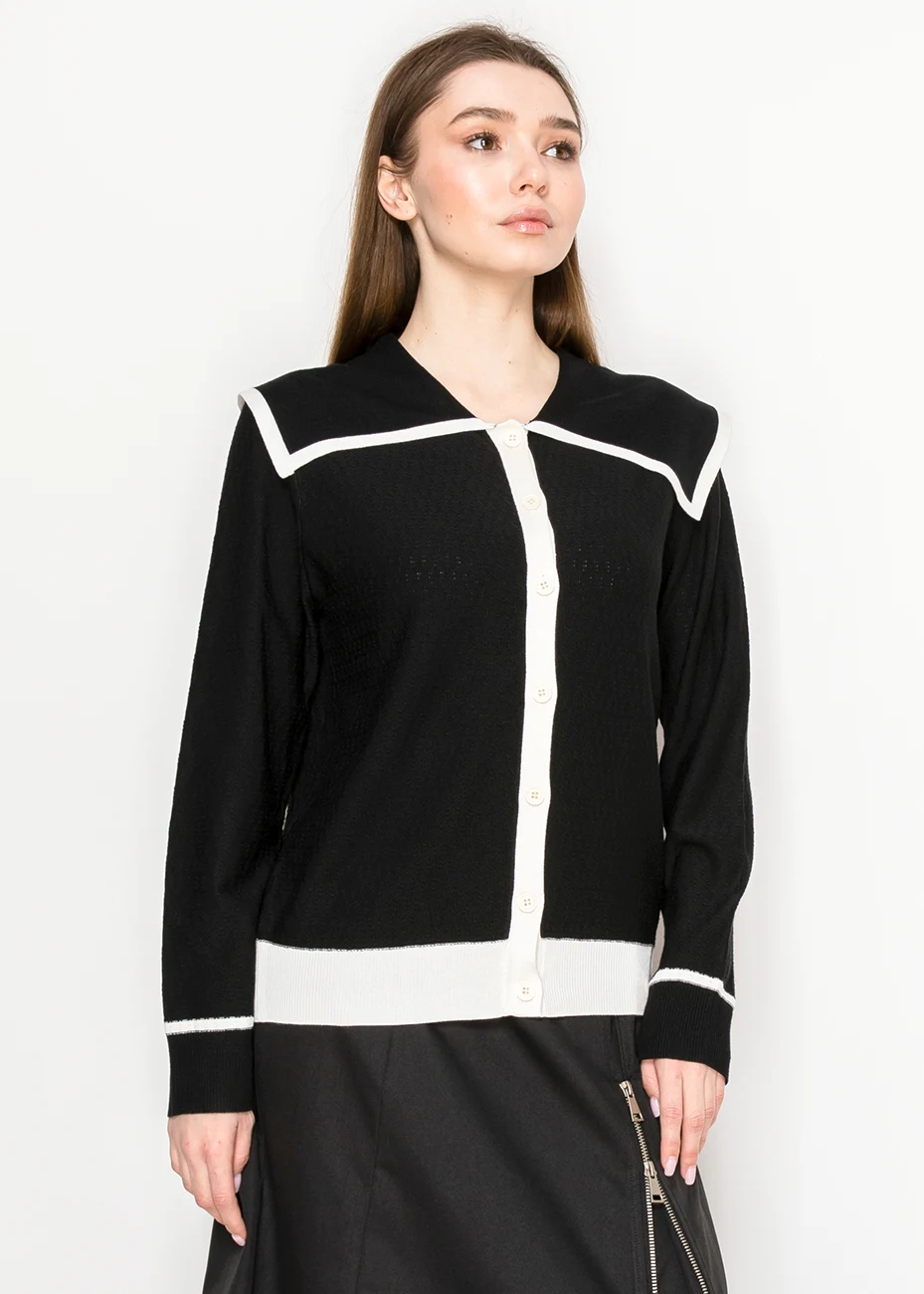Black Cardigan with White Button Detail | Modest Women Clothing