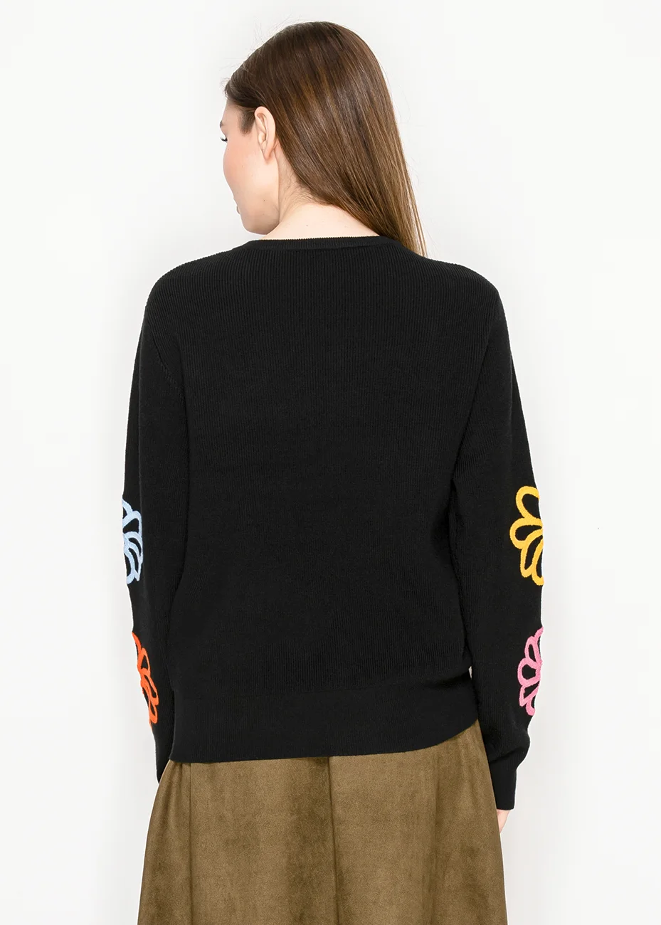 Black Knit Pullover with Multicolor Floral Design | Modest Women