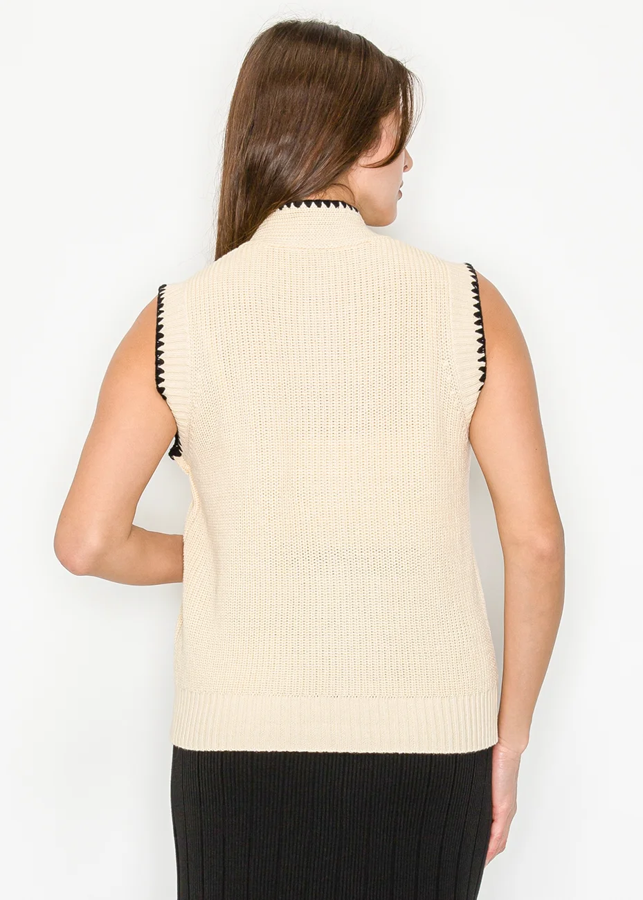 Contrast Trim Knit Vest in Cream & Black | Modest Women Clothing