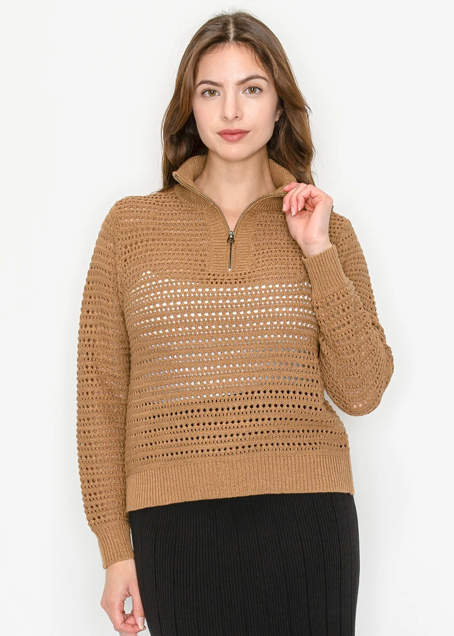 Camel Open-Knit Half-Zip Sweater | Modest Women Clothing - YAL New