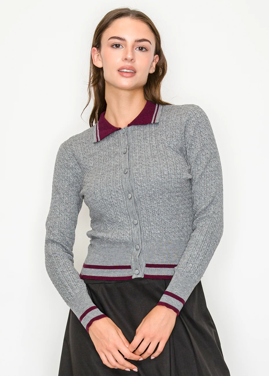 トップス Time is on NEW MIX COLLARED CARDIGAN Grey Collared Cardigan with Burgundy Touch | Modest Women Clothing