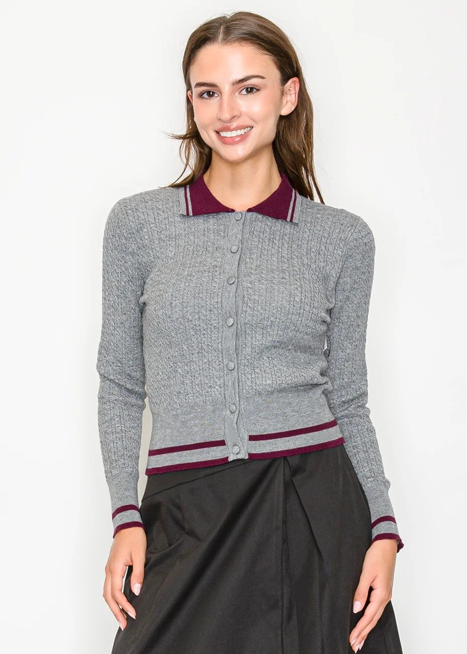 Grey Collared Cardigan with Burgundy Touch | Modest Women Clothing