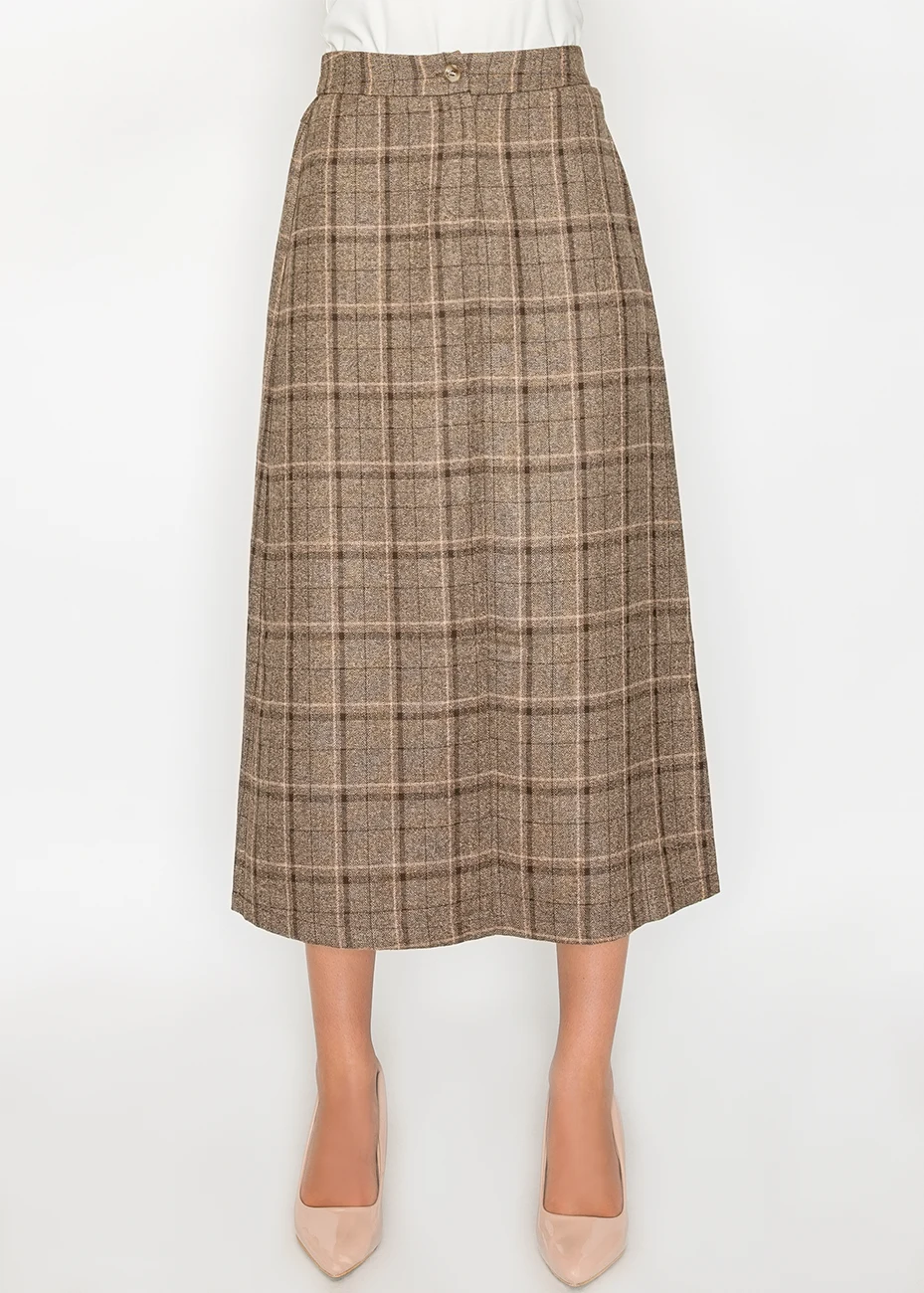 Brown plaid A-line skirt with button waist | Modest Women Clothing