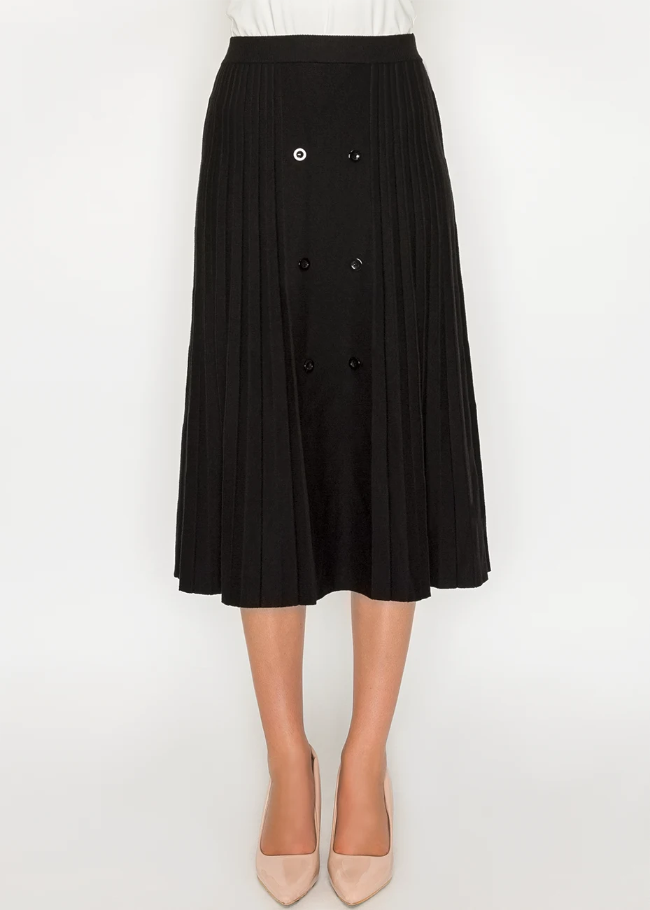 Black pleated midi skirt with button detail | Modest Women