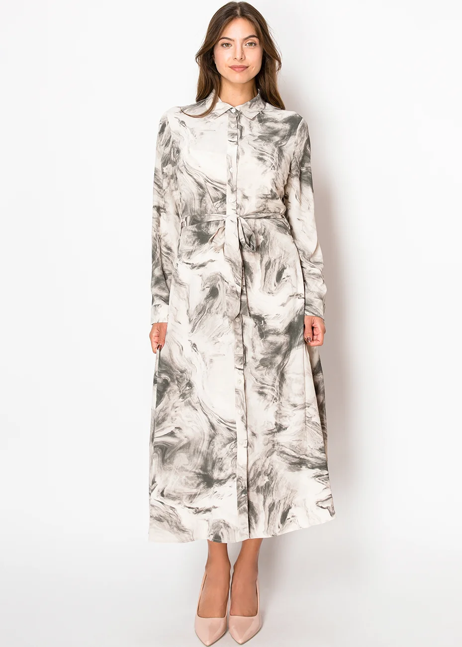 petite long sleeve long dresses Petite Emery Long Satin Long Sleeve Collared Dress Olive / 8P