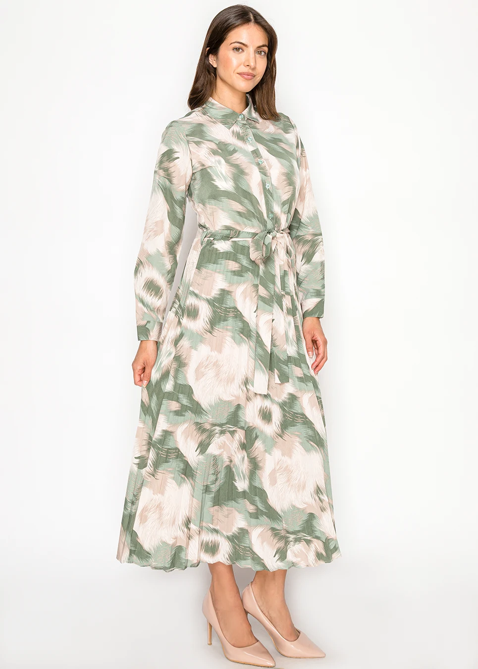 shirt dress long sleeve BLTIBY Cotton Linen Shirt Dress for Womens Pleated Button Long Dress Long Sleeve A-line Loose Swing Dress with Pockets Army Green L, Women's, Size: