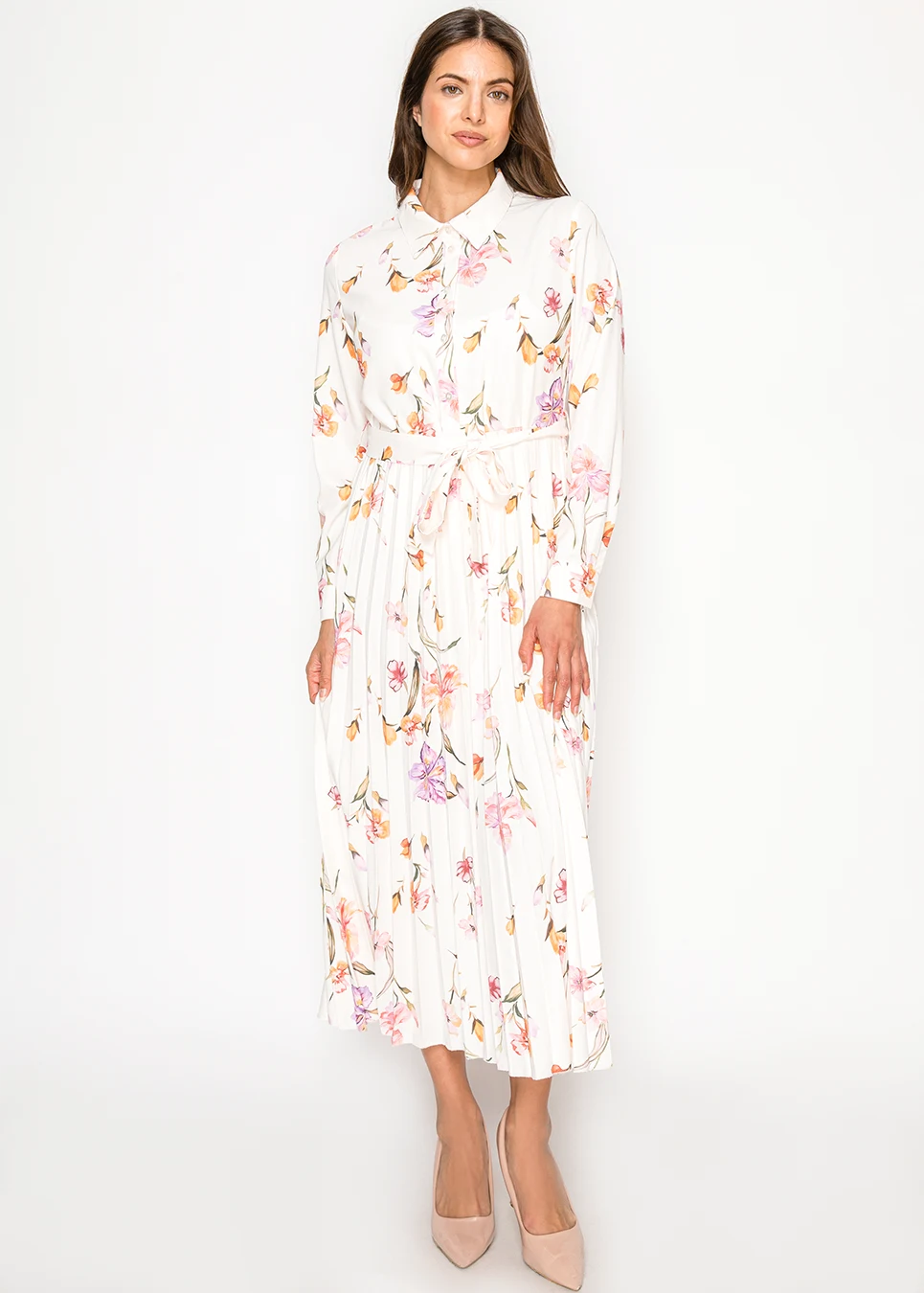 Ivory Long Sleeve Floral Shirt Dress  Size S  White