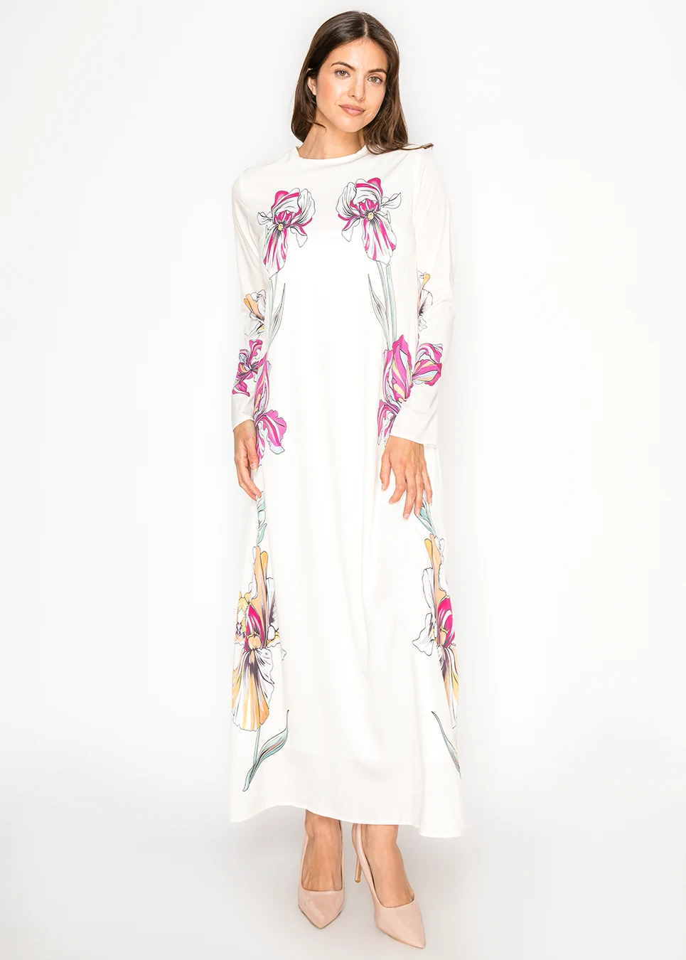 white floral maxi dress with sleeves Long Sleeve Floral Crystal Maxi Dress White