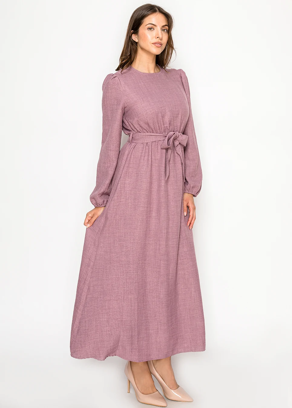 mauve dress long sleeve Sevila Mini in Botanic Sheer Mesh Sleeves Dark Mauve Mauve Evening Dress