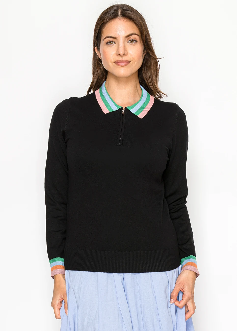 Black Knit Top with Striped Collar and Zip | Modest Women Clothing