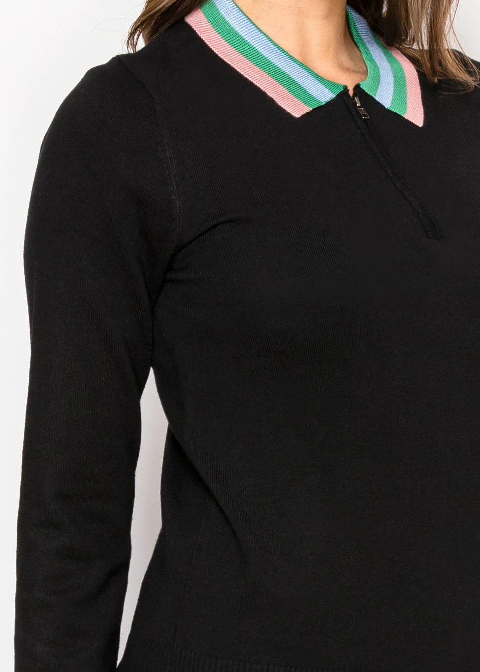 Black Knit Top with Striped Collar and Zip | Modest Women Clothing