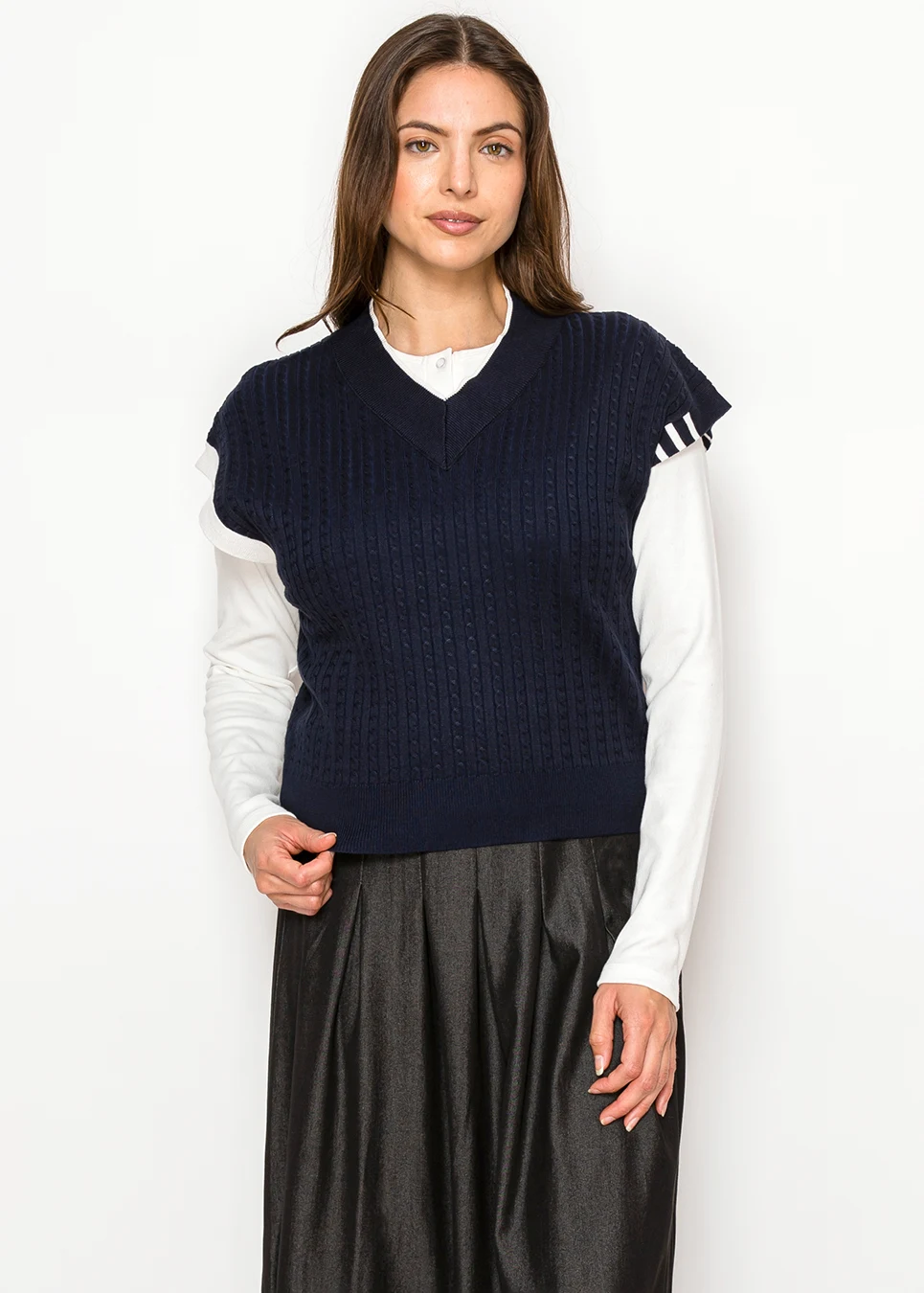 Navy Cable Knit V-Neck Sweater Vest | Modest Women Clothing - YAL