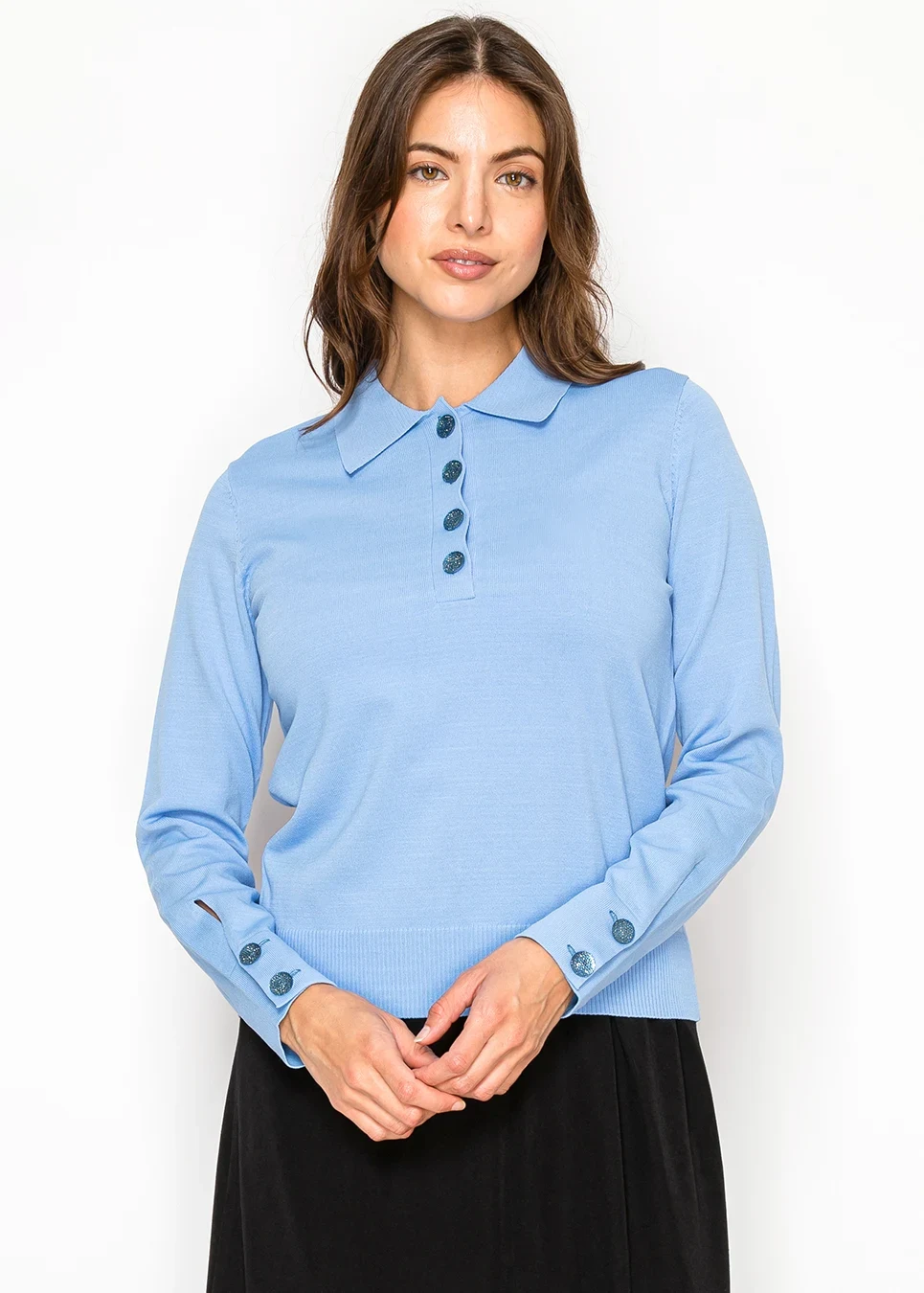 Blue Knit Top with Collar and Button Detail | Modest Women