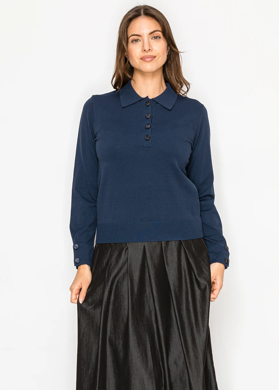 Polo collar knit sweater with button detail in navy | Modest Women