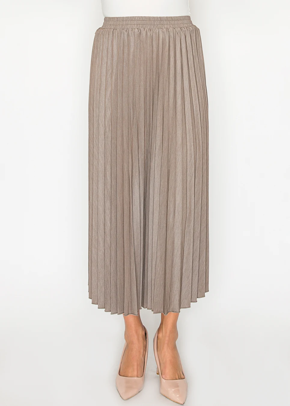 Beige Pleated Skirt with Elastic Waist | Modest Women Clothing