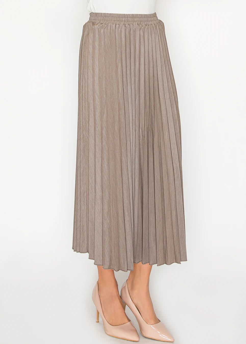 Beige Pleated Skirt with Elastic Waist | Modest Women Clothing