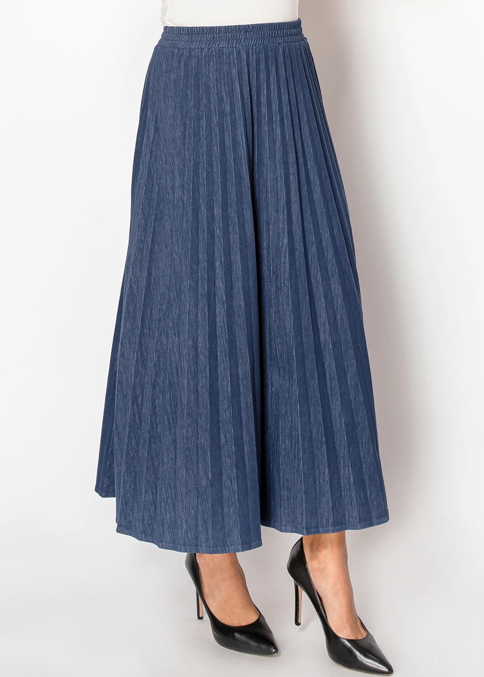 Pleated Denim Skirt — Navy, Elastic Waist | Modest Women Clothing