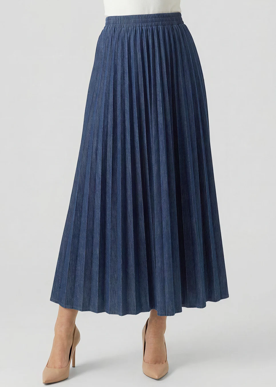 Pleated Denim Skirt — Navy, Elastic Waist | Modest Women Clothing