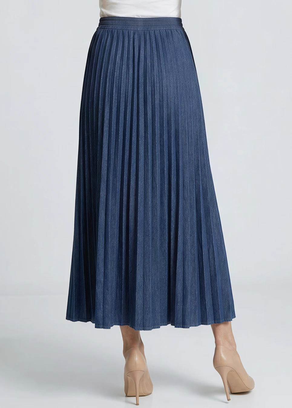 Pleated Denim Skirt — Navy, Elastic Waist | Modest Women Clothing