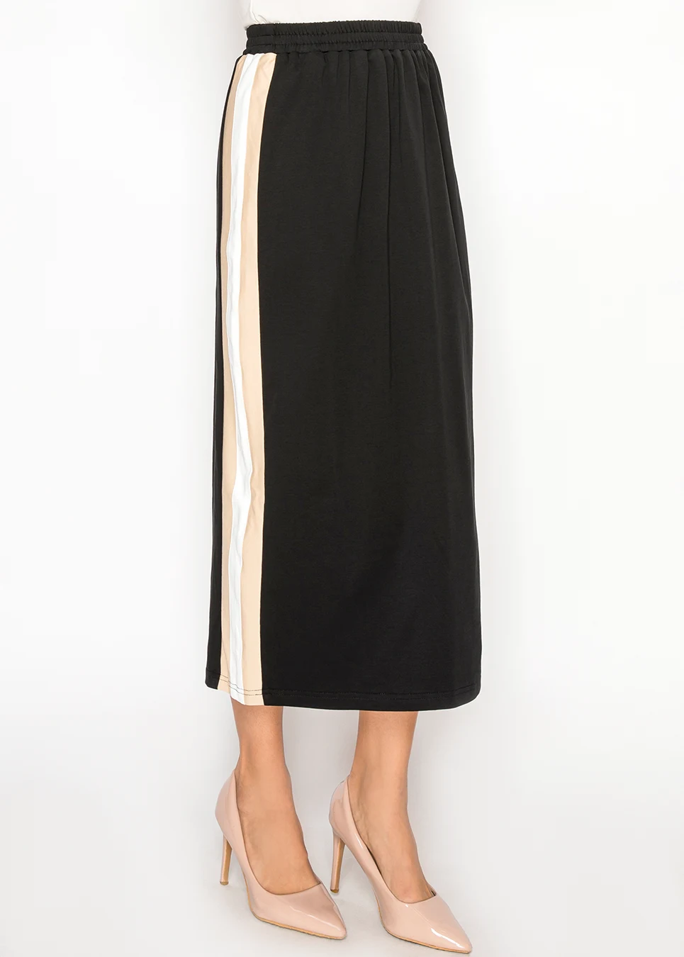 Black Midi Skirt with Contrast Side Panels | Modest Women Clothing