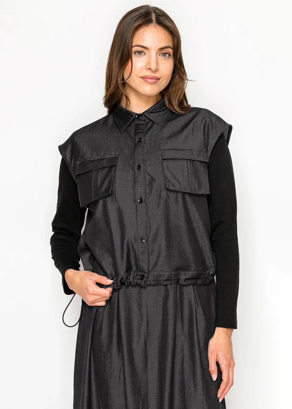 Black Denim Vest Top with Drawstring Hem | Modest Women Clothing